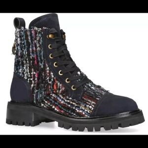 KURT GEIGER Womens Kensington Tweed Suede Combat Boots Blue Multi Size 40.5